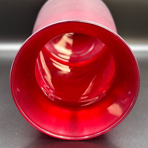 Large Frosted Red Glass Conical Round Cylinder Vase 9” Tall 5” W Bottom 4” W Top - Picture 2 of 4